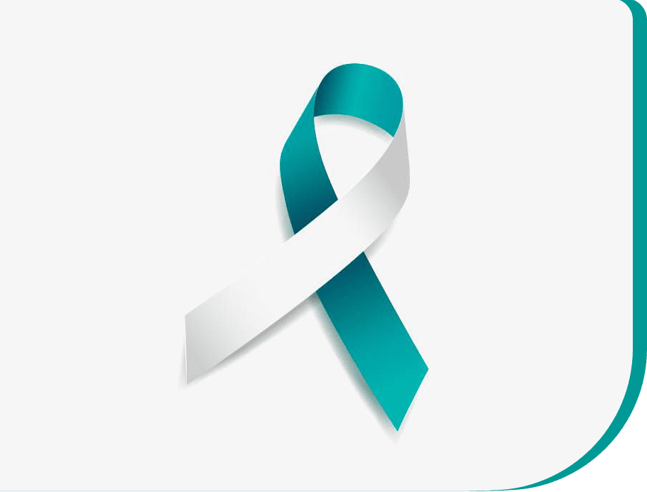 A teal and white ribbon on top of a white background.