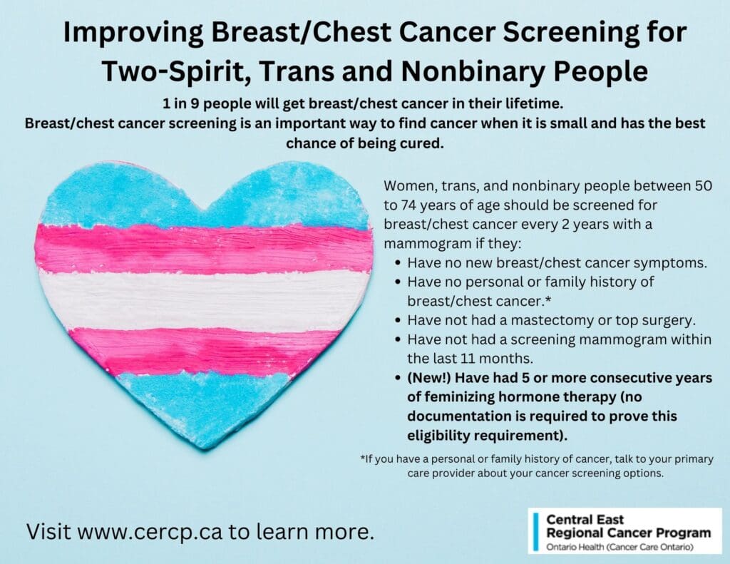 The Ontario Breast Screening Program (OBSP) recommends that most eligible women, trans and nonbinary people ages 50 to 74 get screened with mammography every 2 years. People ages 50 to 74 are elig