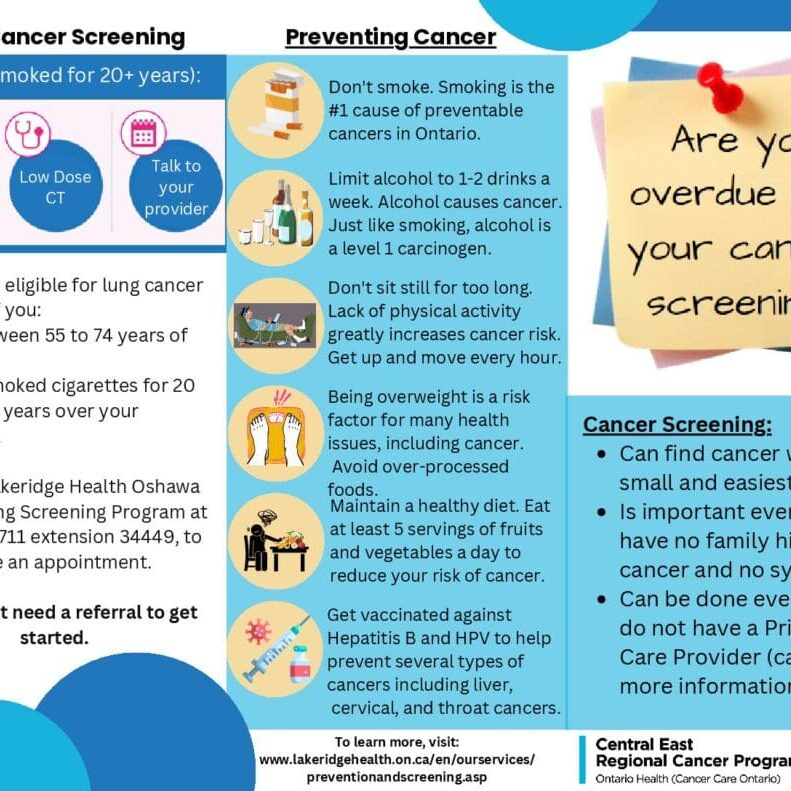 A cancer screening brochure is shown.